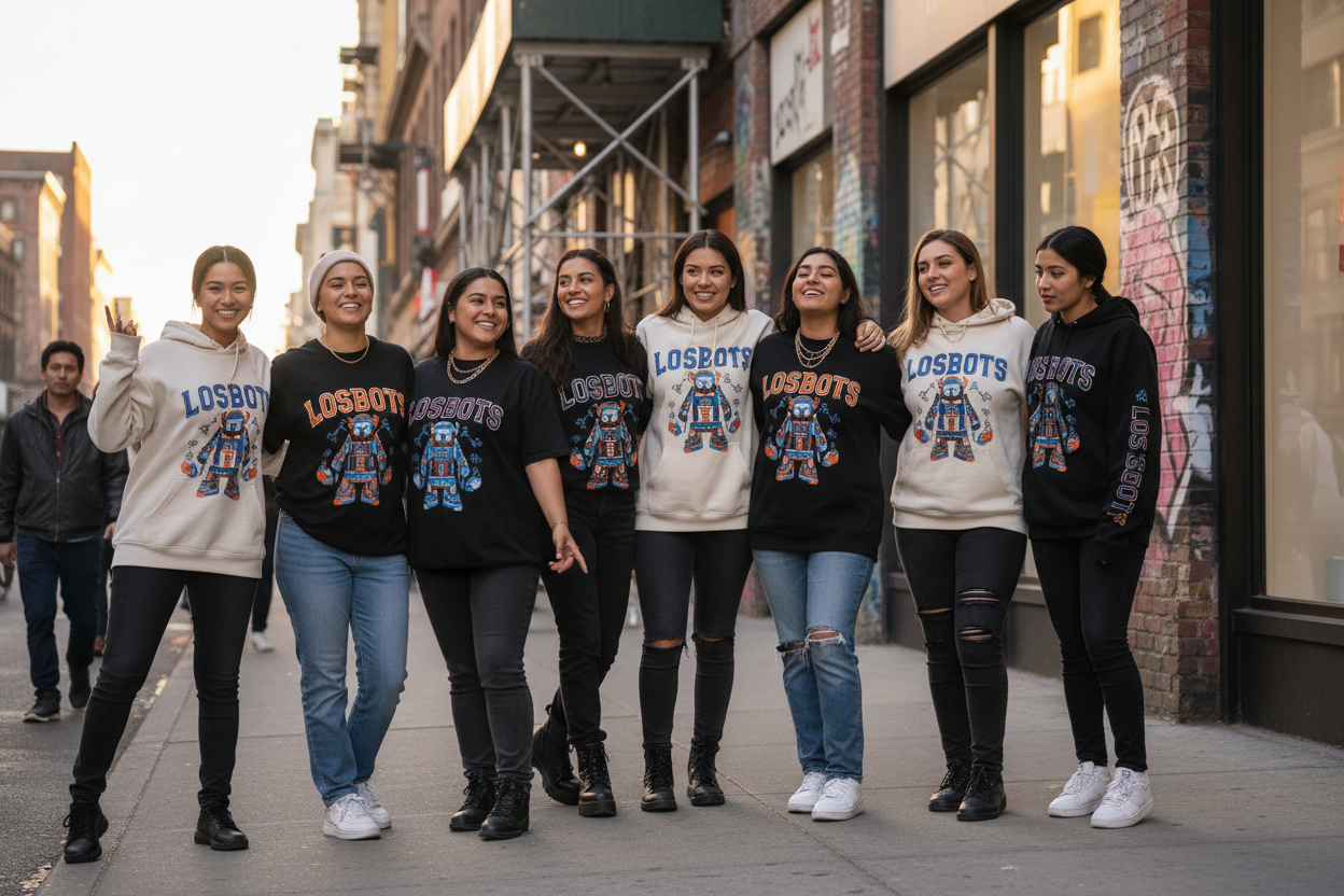 MAKE MULTIPLES GILRS WEARING A LOSBOTS TSHIRT AND HOODIES FROM THE STORE 